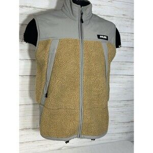 HUF World Wide Size SMALL Mens Tan SHERPA Fleece Nylon Full Zip Vest jacket ski